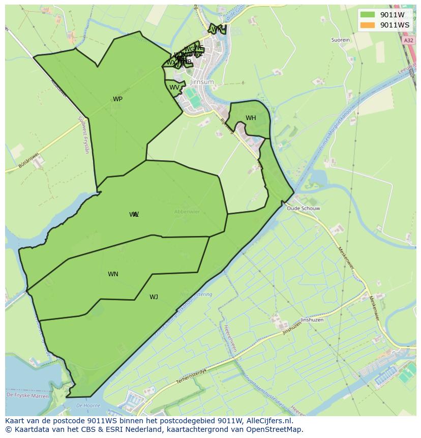 Afbeelding van het postcodegebied 9011 WS op de kaart.