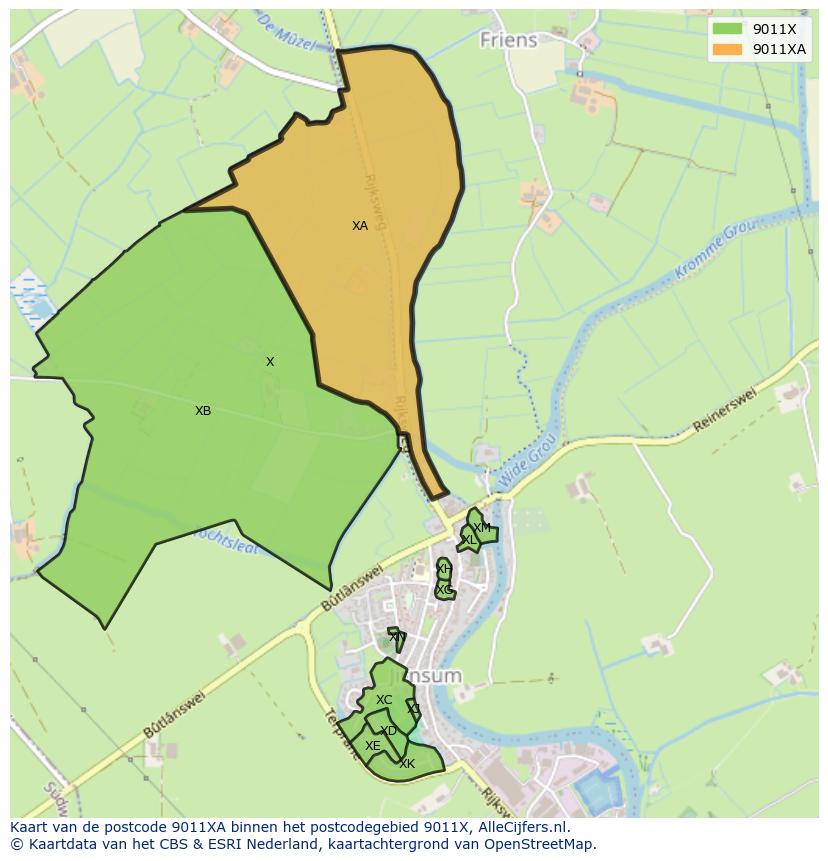 Afbeelding van het postcodegebied 9011 XA op de kaart.