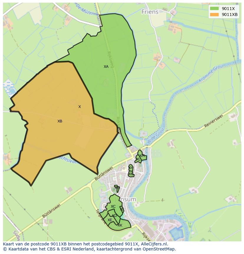 Afbeelding van het postcodegebied 9011 XB op de kaart.