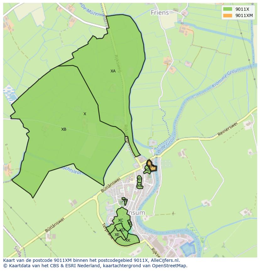 Afbeelding van het postcodegebied 9011 XM op de kaart.