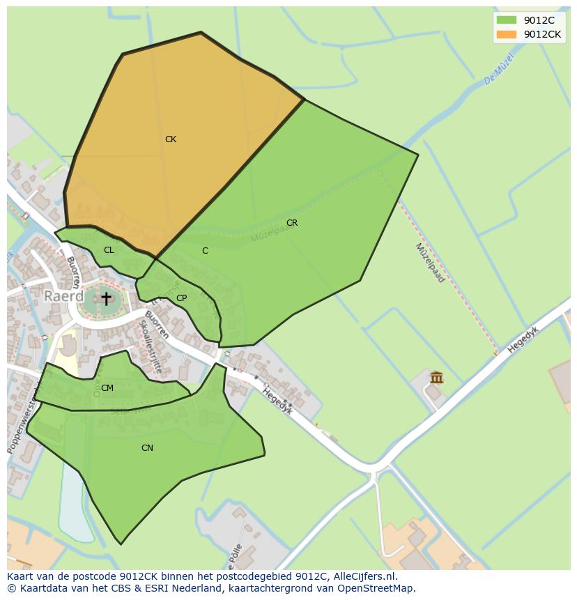 Afbeelding van het postcodegebied 9012 CK op de kaart.