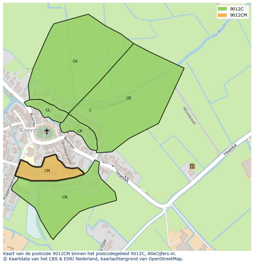 Afbeelding van het postcodegebied 9012 CM op de kaart.