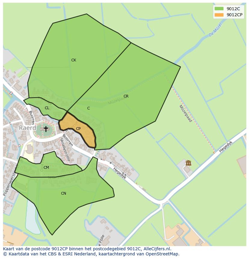 Afbeelding van het postcodegebied 9012 CP op de kaart.