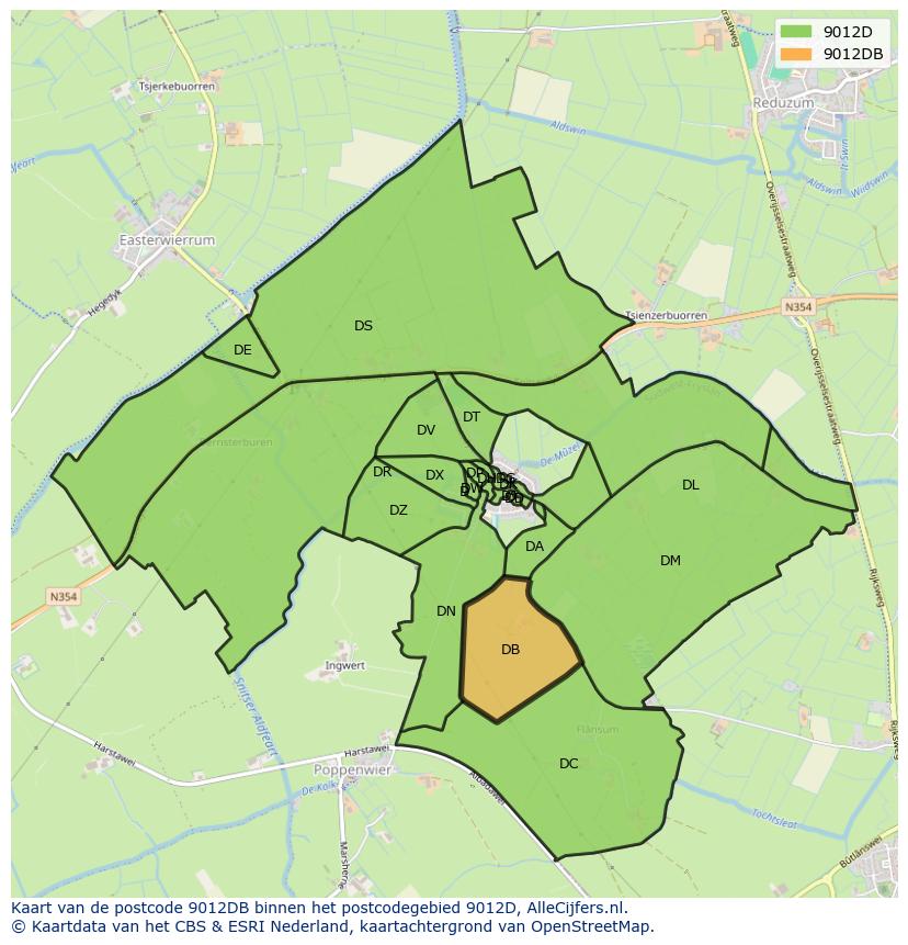 Afbeelding van het postcodegebied 9012 DB op de kaart.