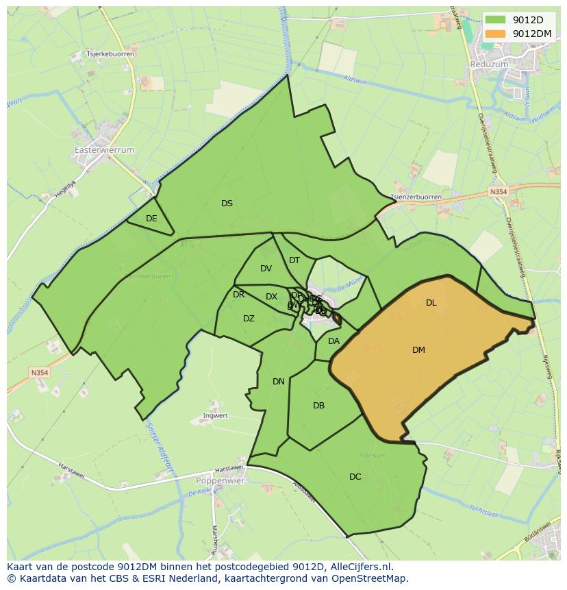 Afbeelding van het postcodegebied 9012 DM op de kaart.