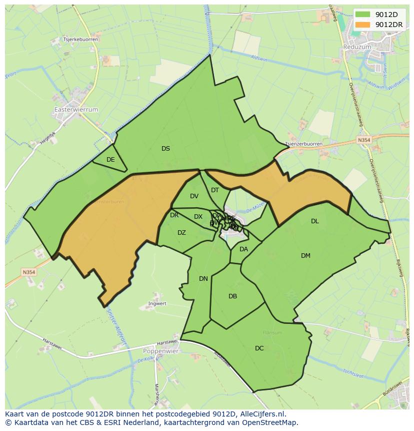 Afbeelding van het postcodegebied 9012 DR op de kaart.