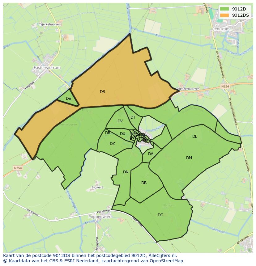 Afbeelding van het postcodegebied 9012 DS op de kaart.