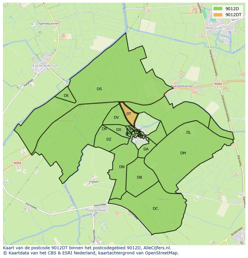 Afbeelding van het postcodegebied 9012 DT op de kaart.