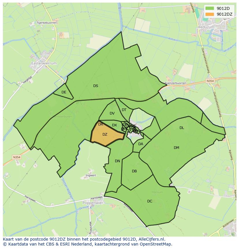 Afbeelding van het postcodegebied 9012 DZ op de kaart.