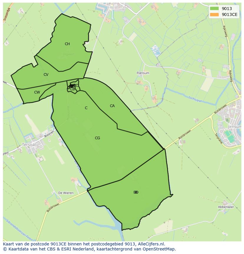 Afbeelding van het postcodegebied 9013 CE op de kaart.