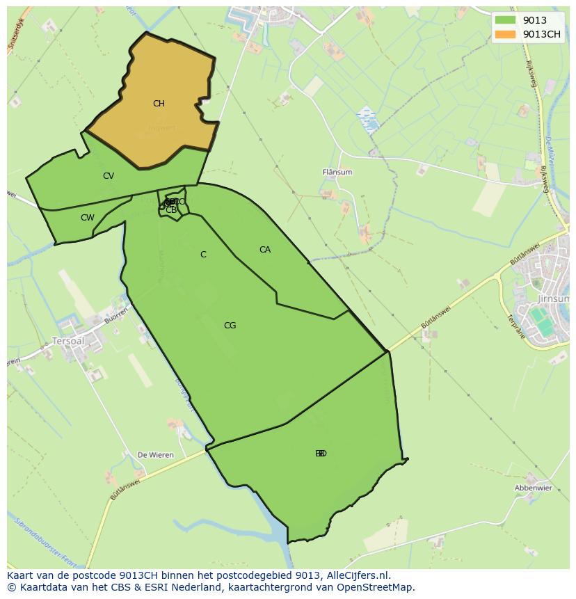 Afbeelding van het postcodegebied 9013 CH op de kaart.