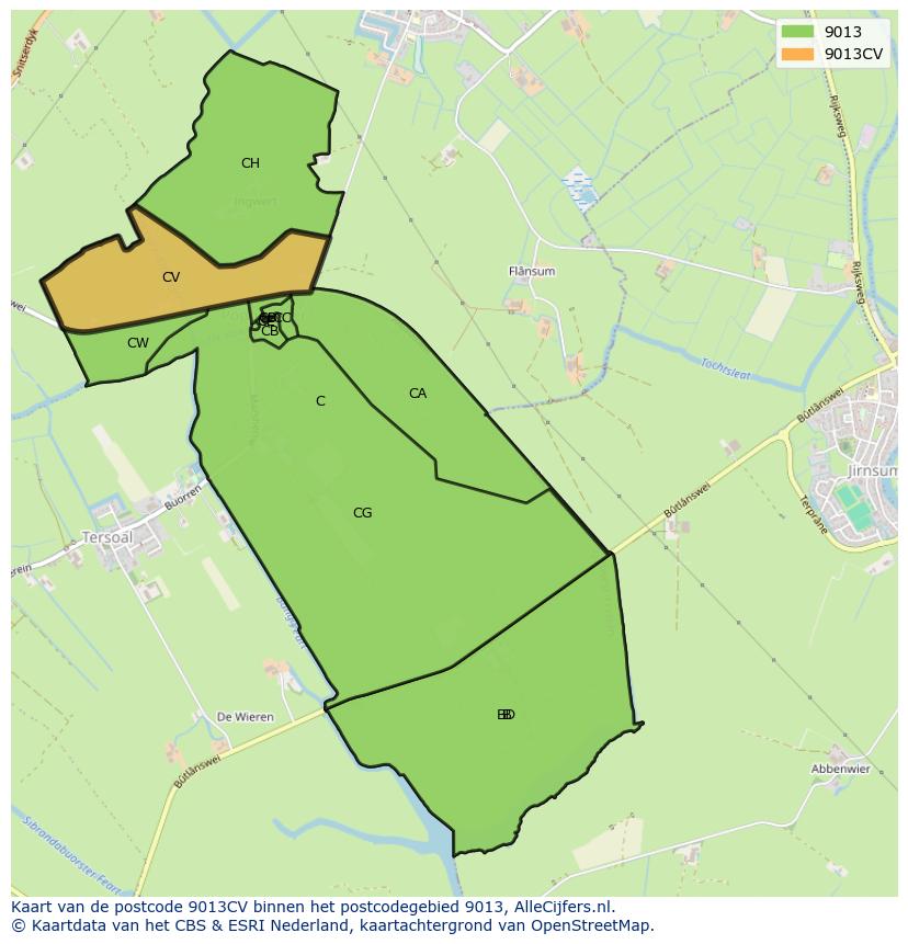 Afbeelding van het postcodegebied 9013 CV op de kaart.