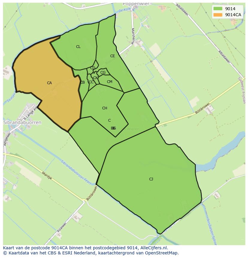 Afbeelding van het postcodegebied 9014 CA op de kaart.