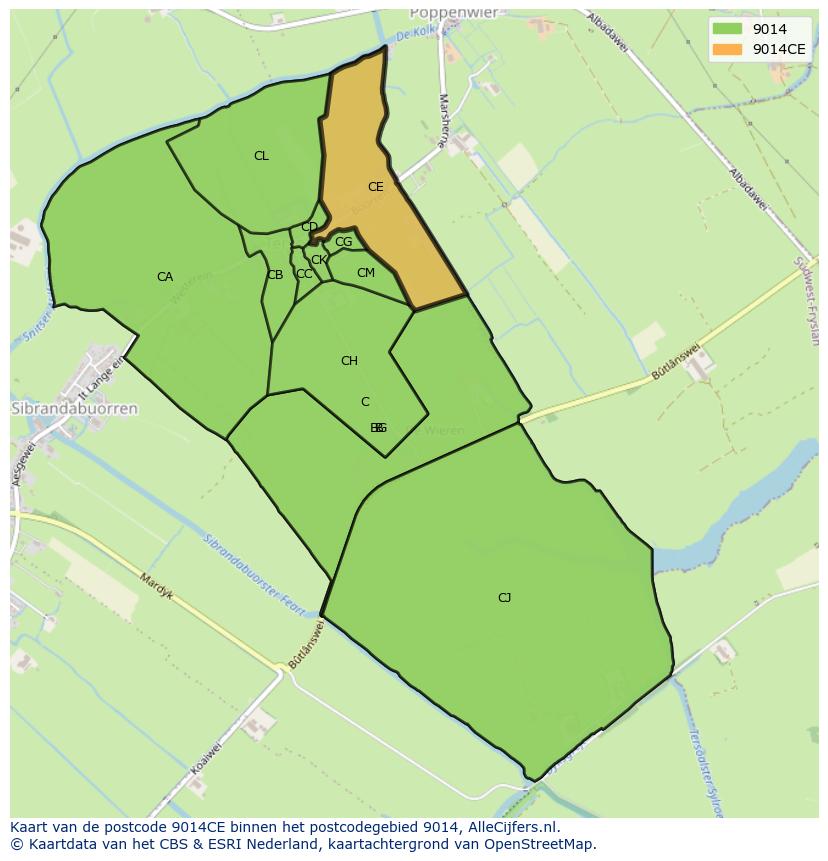 Afbeelding van het postcodegebied 9014 CE op de kaart.