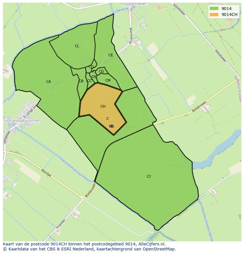 Afbeelding van het postcodegebied 9014 CH op de kaart.
