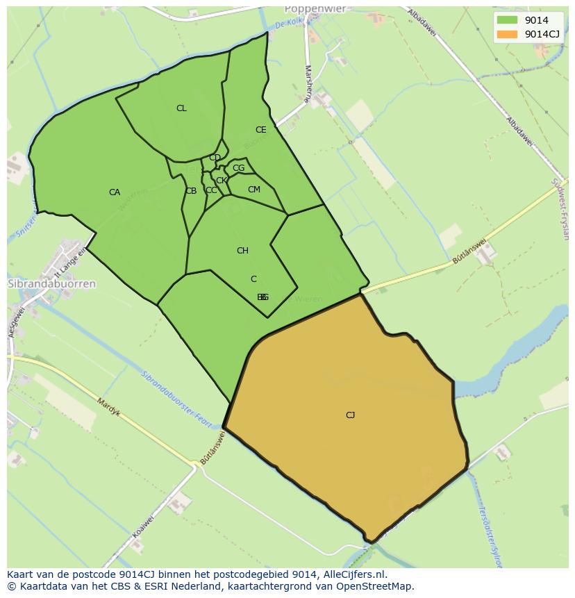 Afbeelding van het postcodegebied 9014 CJ op de kaart.