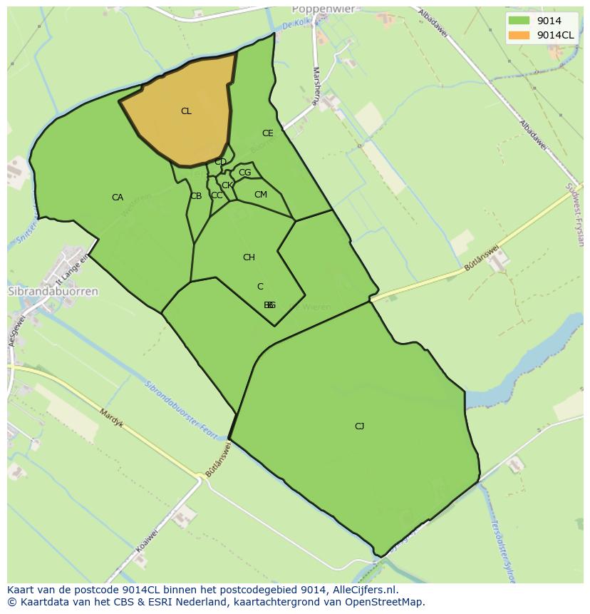Afbeelding van het postcodegebied 9014 CL op de kaart.