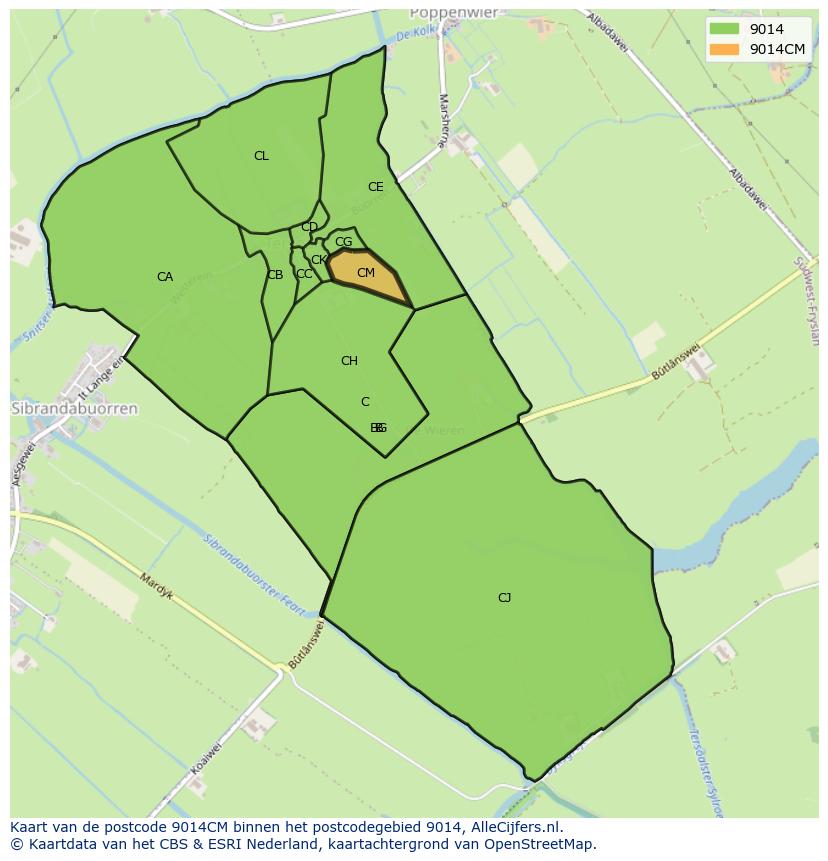 Afbeelding van het postcodegebied 9014 CM op de kaart.