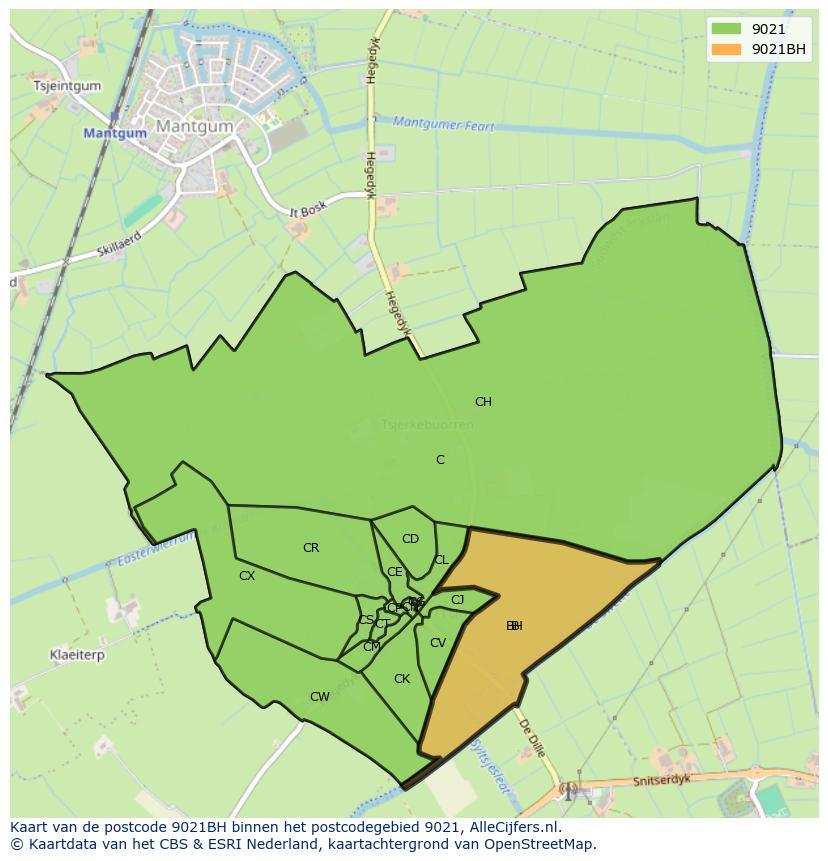 Afbeelding van het postcodegebied 9021 BH op de kaart.
