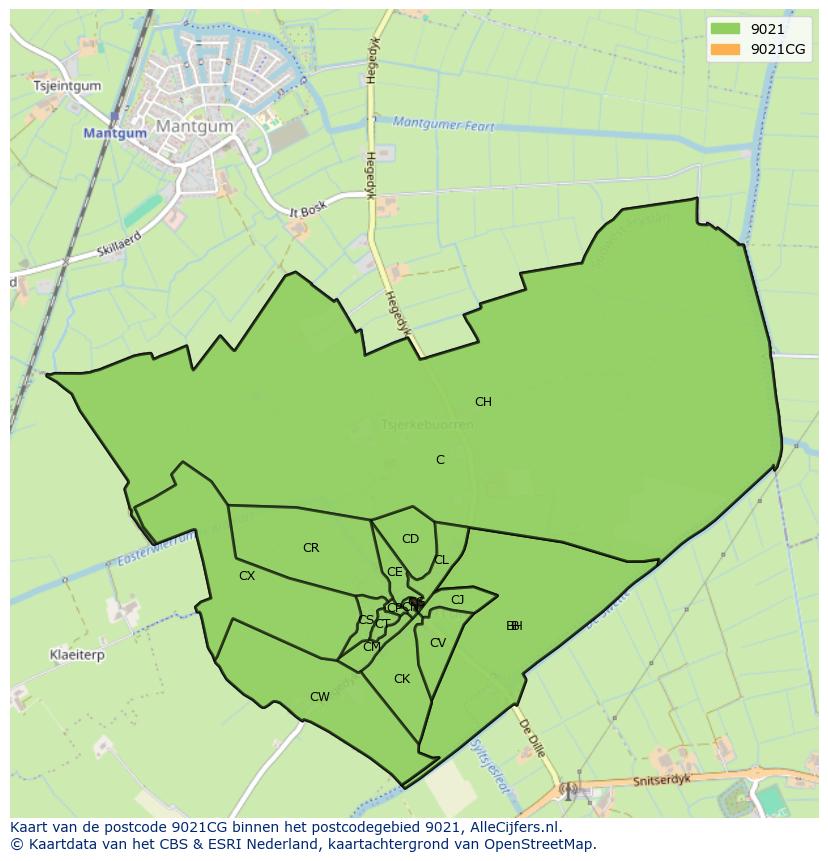 Afbeelding van het postcodegebied 9021 CG op de kaart.