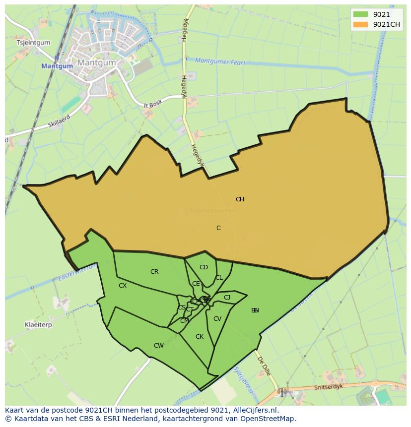 Afbeelding van het postcodegebied 9021 CH op de kaart.