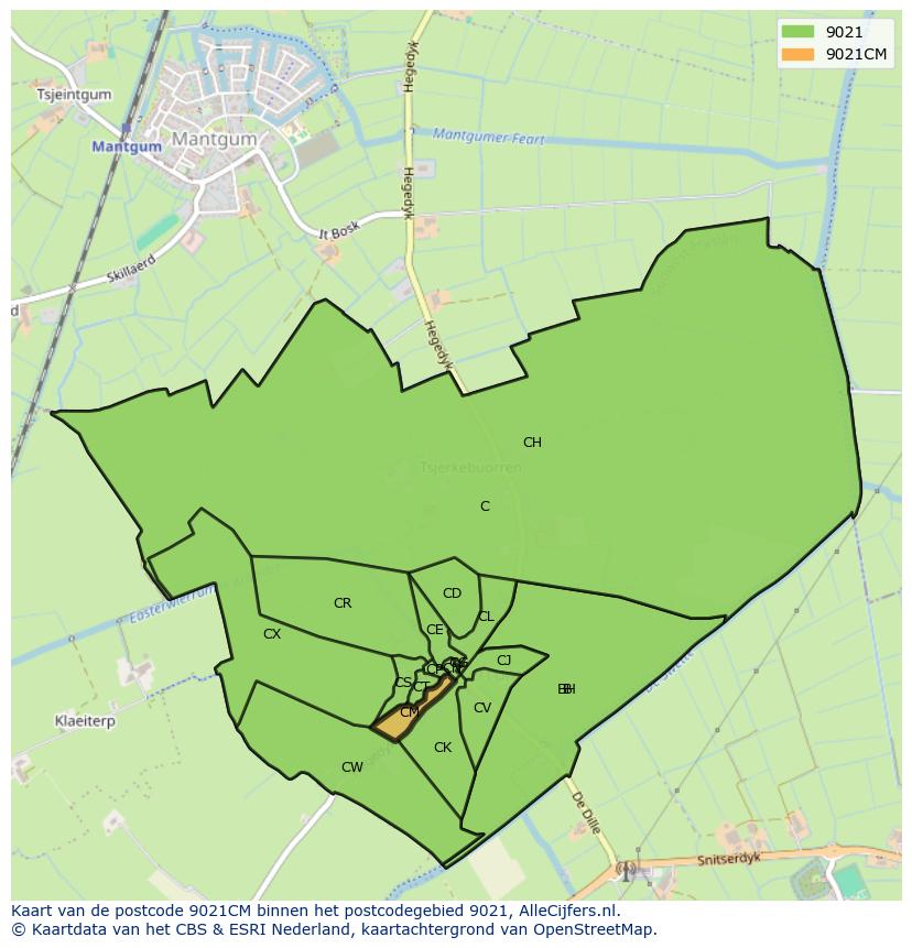 Afbeelding van het postcodegebied 9021 CM op de kaart.