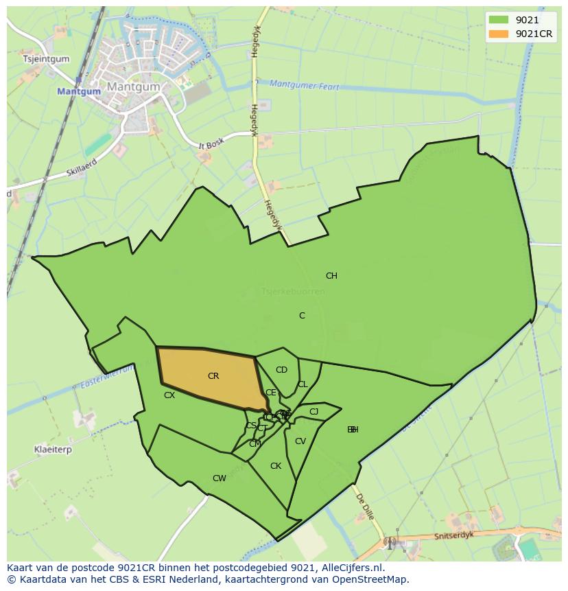 Afbeelding van het postcodegebied 9021 CR op de kaart.