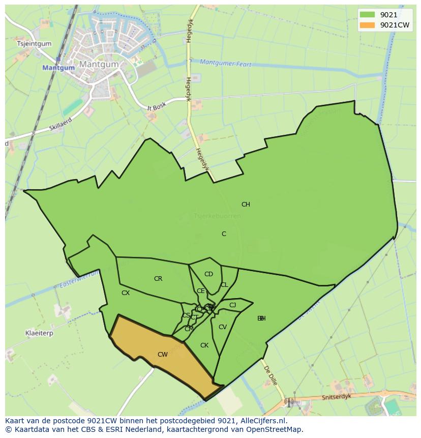 Afbeelding van het postcodegebied 9021 CW op de kaart.