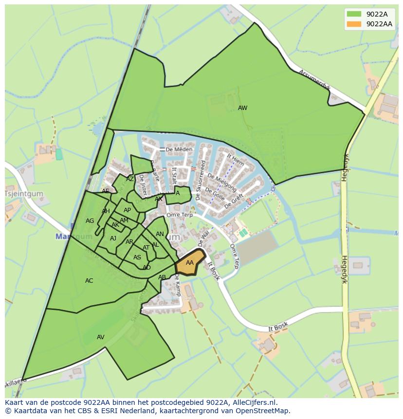 Afbeelding van het postcodegebied 9022 AA op de kaart.