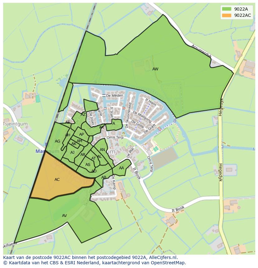 Afbeelding van het postcodegebied 9022 AC op de kaart.