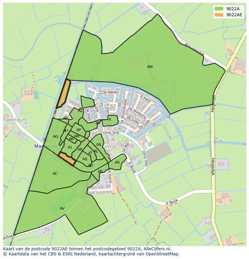 Afbeelding van het postcodegebied 9022 AE op de kaart.