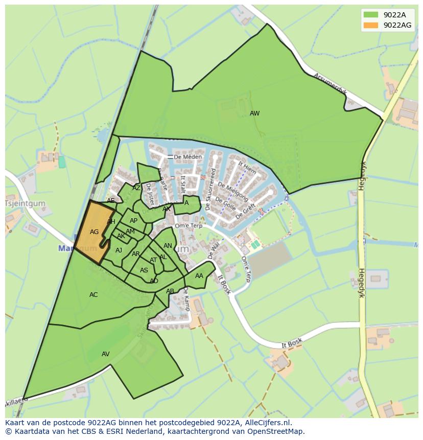 Afbeelding van het postcodegebied 9022 AG op de kaart.