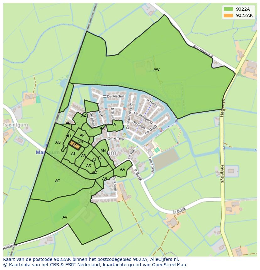 Afbeelding van het postcodegebied 9022 AK op de kaart.
