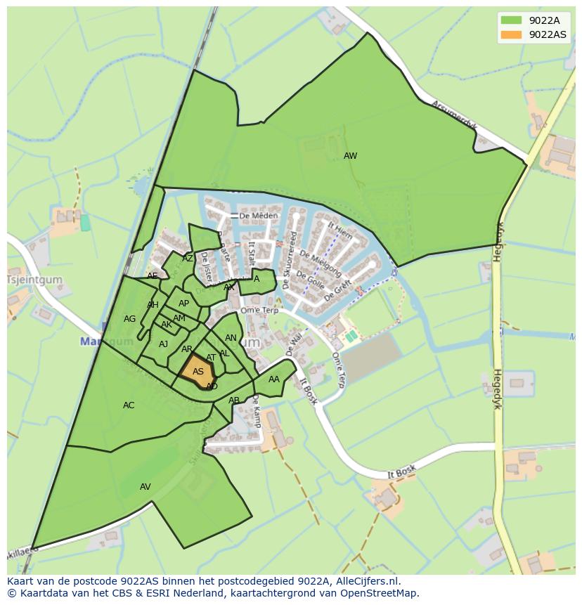 Afbeelding van het postcodegebied 9022 AS op de kaart.