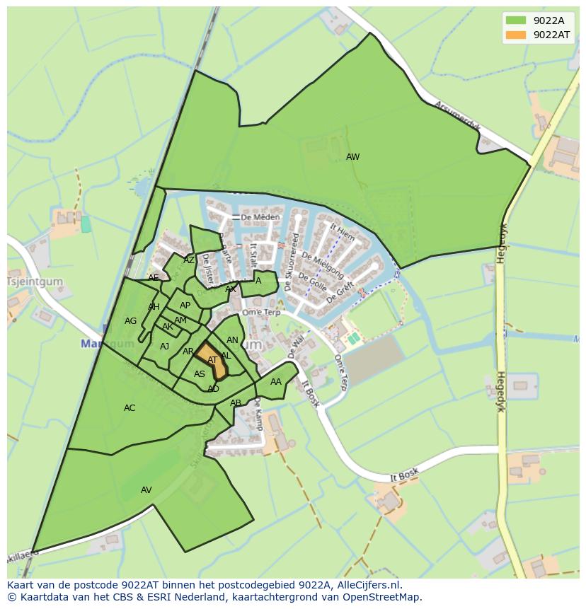 Afbeelding van het postcodegebied 9022 AT op de kaart.