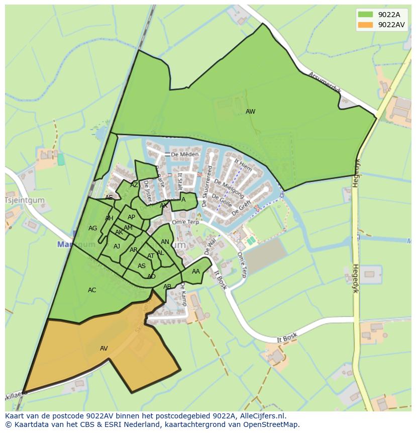 Afbeelding van het postcodegebied 9022 AV op de kaart.