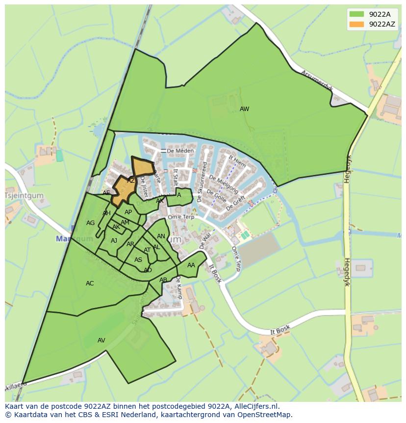 Afbeelding van het postcodegebied 9022 AZ op de kaart.