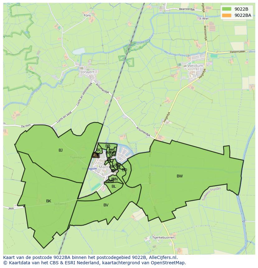 Afbeelding van het postcodegebied 9022 BA op de kaart.