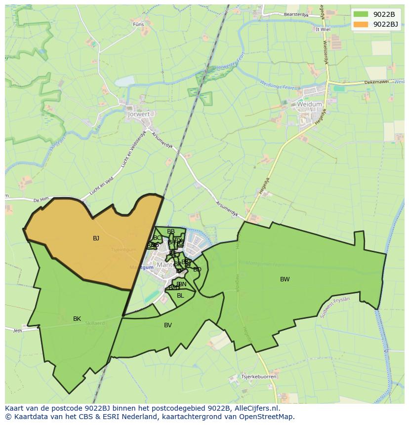 Afbeelding van het postcodegebied 9022 BJ op de kaart.
