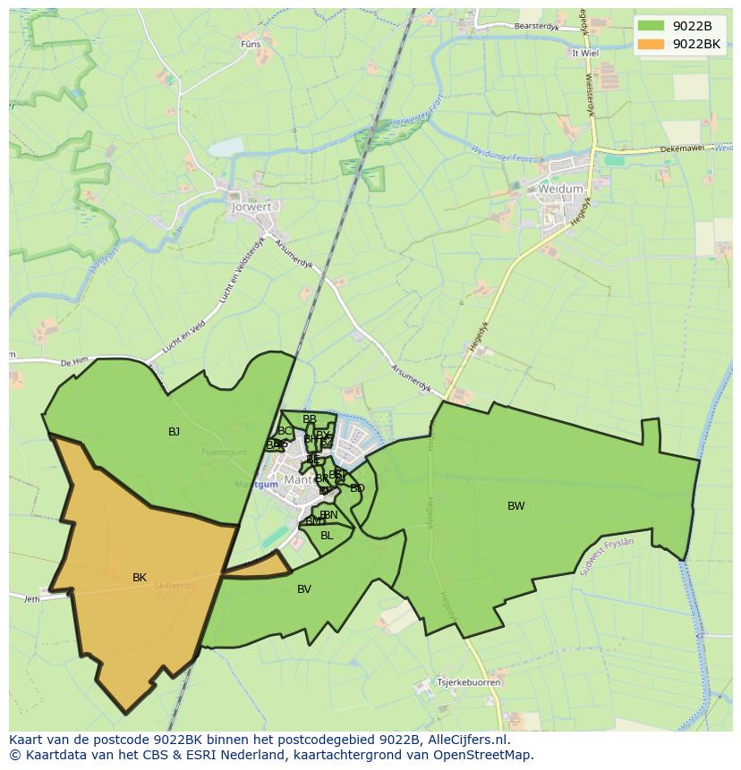 Afbeelding van het postcodegebied 9022 BK op de kaart.