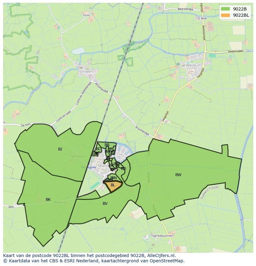Afbeelding van het postcodegebied 9022 BL op de kaart.