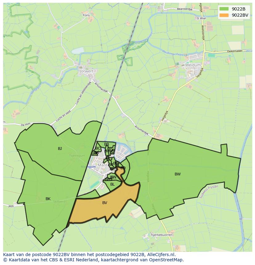Afbeelding van het postcodegebied 9022 BV op de kaart.