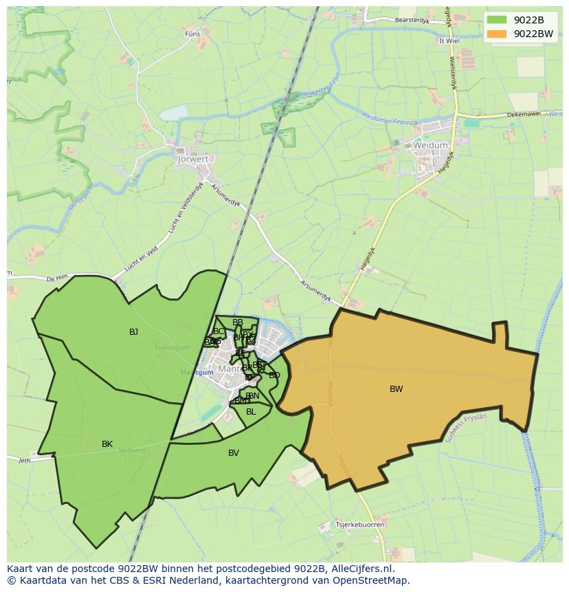 Afbeelding van het postcodegebied 9022 BW op de kaart.