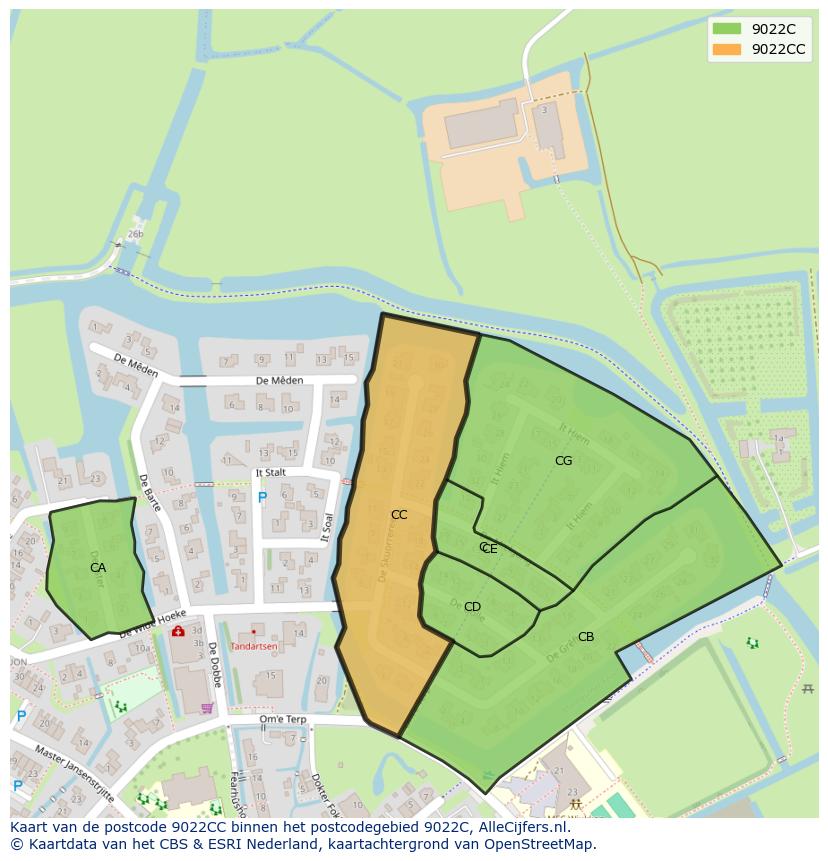 Afbeelding van het postcodegebied 9022 CC op de kaart.
