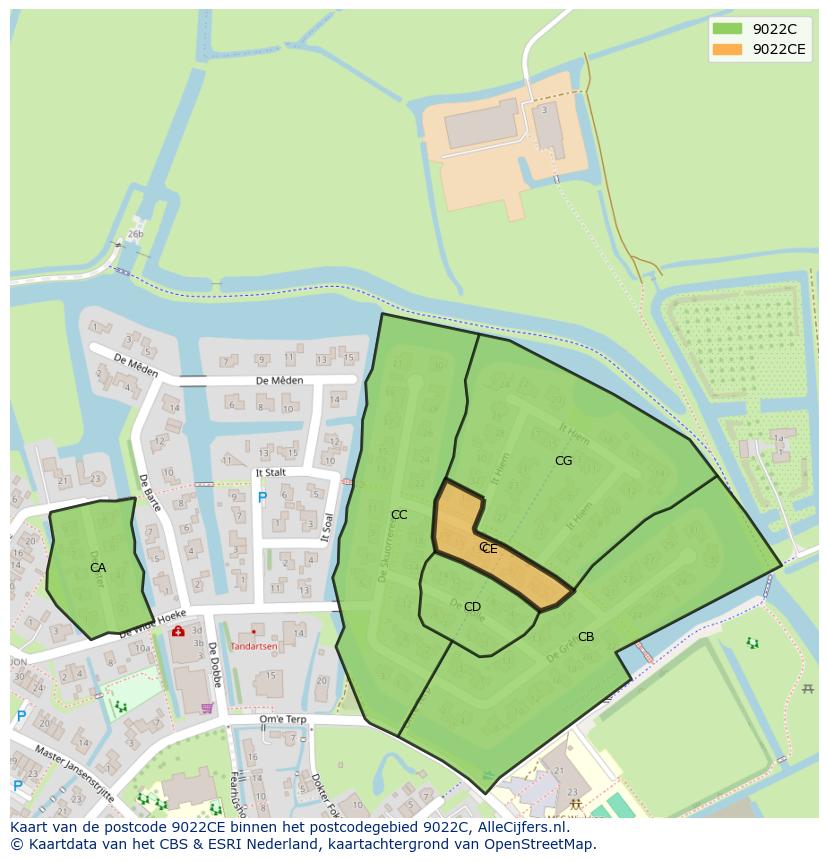 Afbeelding van het postcodegebied 9022 CE op de kaart.