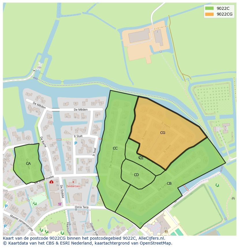 Afbeelding van het postcodegebied 9022 CG op de kaart.