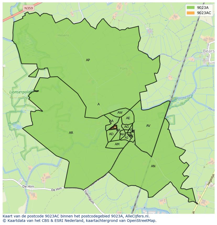 Afbeelding van het postcodegebied 9023 AC op de kaart.