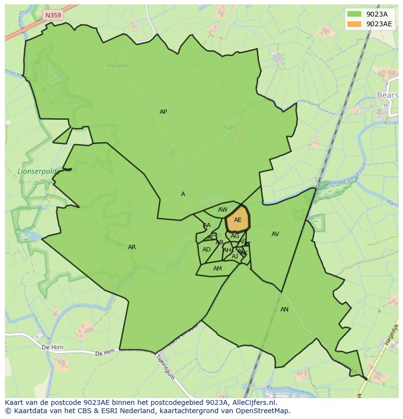 Afbeelding van het postcodegebied 9023 AE op de kaart.