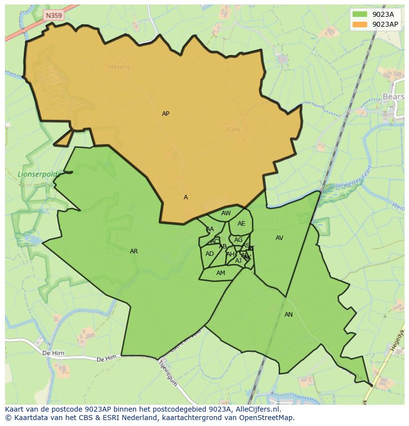 Afbeelding van het postcodegebied 9023 AP op de kaart.