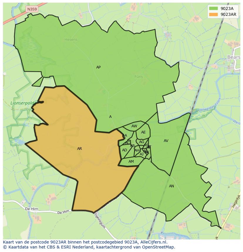 Afbeelding van het postcodegebied 9023 AR op de kaart.